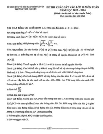 Đề thi khảo sát vào Lớp 10 môn Toán (Chuyên) - Năm học 2023-2024 - Sở GD&ĐT Thái Nguyên
