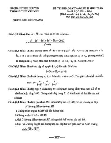 Đề thi khảo sát vào Lớp 10 môn Toán (Chuyên Tin) - Năm học 2023-2024 - Sở GD&ĐT Thái Nguyên