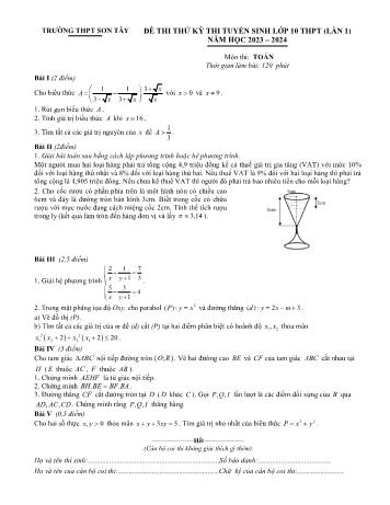 Đề thi thử kỳ thi tuyển sinh Lớp 10 THPT môn Toán (Lần 1) - Năm học 2023-2024 - Trường THPT Sơn Tây (Có hướng dẫn chấm)
