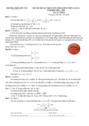 Đề thi thử kỳ thi tuyển sinh Lớp 10 THPT môn Toán (Lần 2) - Năm học 2023-2024 - Trường THPT Sơn Tây (Có hướng dẫn chấm)