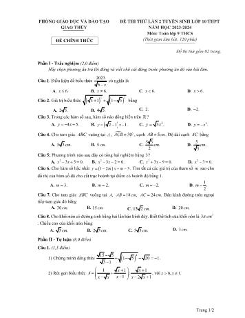 Đề thi thử tuyển sinh Lớp 10 THPT môn Toán (Lần 2) - Năm học 2023-2024 - Phòng GD&ĐT Giao Thủy (Có hướng dẫn chấm)