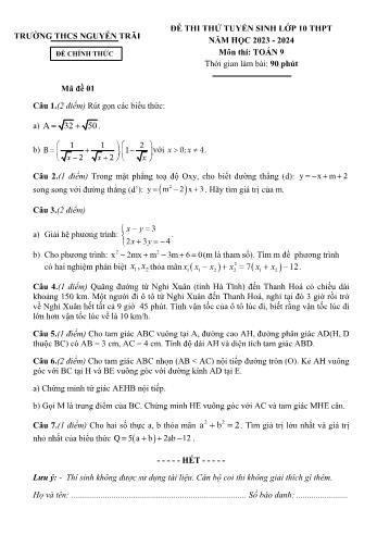 Đề thi thử tuyển sinh Lớp 10 THPT môn Toán - Năm học 2023-2024 - Trường THCS Nguyễn Trãi (Có hướng dẫn chấm)