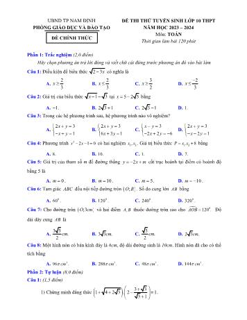 Đề thi thử tuyển sinh Lớp 10 THPT môn Toán - Năm học 2023-2024 - Phòng GD&ĐT Nam Định (Có hướng dẫn chấm)