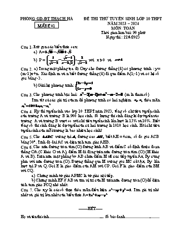 Đề thi thử tuyển sinh Lớp 10 THPT môn Toán - Năm học 2023-2024 - Phòng GD&ĐT Thạch Hà (Có hướng dẫn chấm)