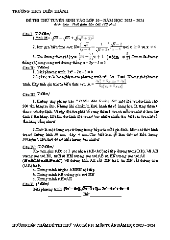Đề thi thử tuyển sinh vào Lớp 10 môn Toán - Năm học 2023-2024 - Trường THCS Diễn Thành (Có hướng dẫn chấm)