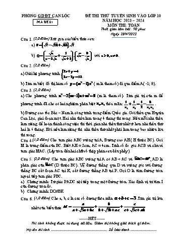 Đề thi thử tuyển sinh vào Lớp 10 môn Toán - Năm học 2023-2024 - Phòng GD&ĐT Can Lộc (Có hướng dẫn chấm)