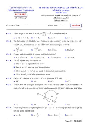Đề thi thử tuyển sinh vào Lớp 10 THPT môn Toán (Lần 1) - Mã đề 134 - Năm học 2023-2024 - Phòng GD&ĐT Lương Tài (Có đáp án)