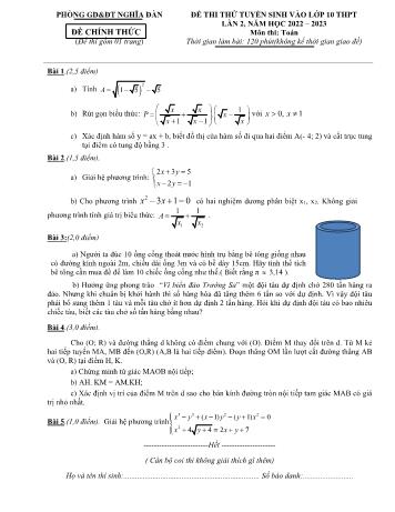 Đề thi thử tuyển sinh vào Lớp 10 THPT môn Toán (Lần 2) - Năm học 2022-2023 - Phòng GD&ĐT Nghĩa Đàn (Có đáp án)