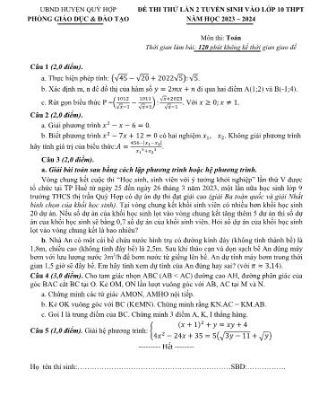 Đề thi thử tuyển sinh vào Lớp 10 THPT môn Toán (Lần 2) - Năm học 2023-2024 - Phòng GD&ĐT Quỳ Hợp (Có hướng dẫn chấm)