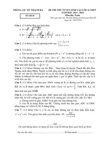 Đề thi thử tuyển sinh vào Lớp 10 THPT môn Toán - Mã đề 01 - Năm học 2023-2024 - Phòng GD&ĐT Thạch Hà (Có hướng dẫn chấm)