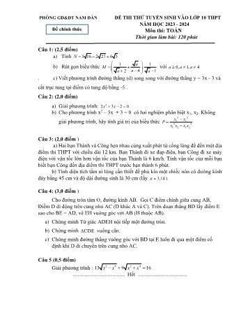 Đề thi thử tuyển sinh vào Lớp 10 THPT môn Toán - Năm học 2023-2024 - Phòng GD&ĐT Nam Đàn (Có hướng dẫn chấm)