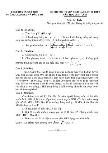 Đề thi thử tuyển sinh vào Lớp 10 THPT môn Toán - Năm học 2023-2024 - Phòng GD&ĐT Quỳ Hợp (Có đáp án)