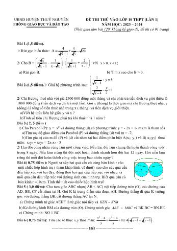 Đề thi thử vào Lớp 10 môn Toán (Lần 1) - Năm học 2023-2024 - Phòng GD&ĐT Thủy Nguyên (Có hướng dẫn chấm)