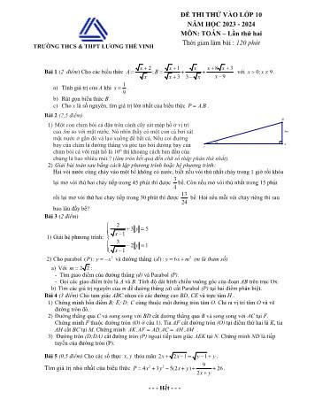 Đề thi thử vào Lớp 10 môn Toán (Lần 2) - Năm học 2023-2024 - Trường THPT Lương Thế Vinh (Có đáp án và thang điểm)