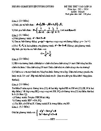 Đề thi thử vào Lớp 10 môn Toán - Năm học 2023-2024 - Phòng GD&ĐT Tương Dương (Có hướng dẫn chấm)