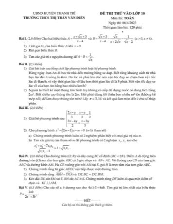 Đề thi thử vào Lớp 10 môn Toán - Năm học 2023-2024 - Trường THCS Thị trấn Văn Điền (Có hướng dẫn chấm)