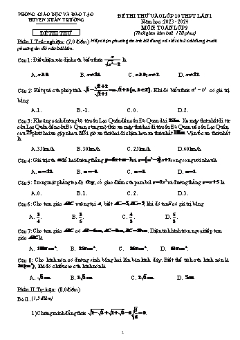 Đề thi thử vào Lớp 10 THPT môn Toán (Lần 1) - Năm học 2023-2024 - Phòng GD&ĐT Xuân Trường (Có đáp án)