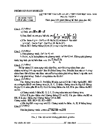 Đề thi thử vào Lớp 10 THPT môn Toán (Lần 1) - Năm học 2023-2024 - Phòng GD&ĐT Nghi Lộc (Có hướng dẫn chấm)