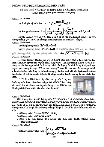 Đề thi thử vào Lớp 10 THPT môn Toán (Lần 1) - Năm học 2023-2024 - Phòng GD&ĐT Diễn Châu (Có hướng dẫn chấm)