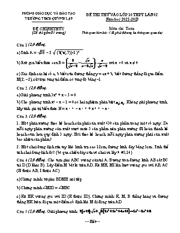 Đề thi thử vào Lớp 10 THPT môn Toán (Lần 2) - Năm học 2022-2023 - Trường THCS Quỳnh Lập (Có hướng dẫn chấm)