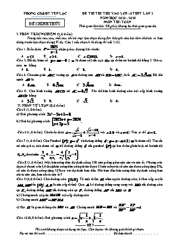 Đề thi thử vào Lớp 10 THPT môn Toán (Lần 2) - Năm học 2023-2024 - Phòng GD&ĐT Yên Lạc (Có hướng dẫn chấm)