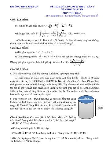 Đề thi thử vào Lớp 10 THPT môn Toán (Lần 2) - Năm học 2023-2024 - Trường THCS Anh Sơn (Có hướng dẫn chấm)