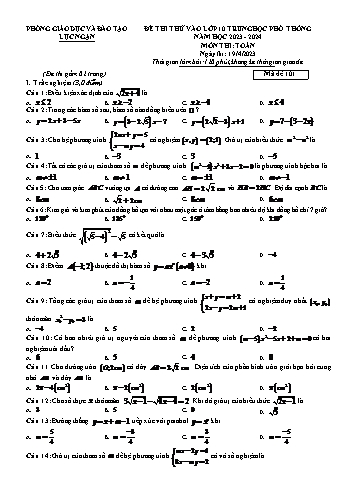 Đề thi thử vào Lớp 10 THPT môn Toán - Mã đề 101 - Năm học 2023-2024 - Phòng GD&ĐT Lục Ngạn (Có hướng dẫn chấm)