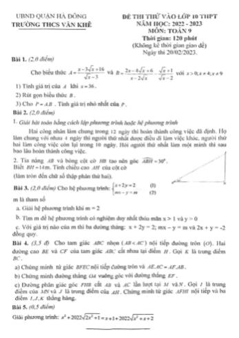 Đề thi thử vào Lớp 10 THPT môn Toán - Năm học 2022-2023 - Trường THCS Văn Khê