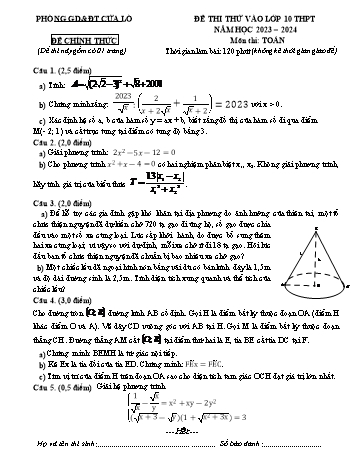 Đề thi thử vào Lớp 10 THPT môn Toán - Năm học 2023-2024 - Phòng GD&ĐT Cửa Lò (Có hướng dẫn và biểu điểm)