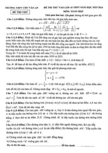Đề thi thử vào Lớp 10 THPT môn Toán - Năm học 2023-2024 - Trường THPT Chu Văn An