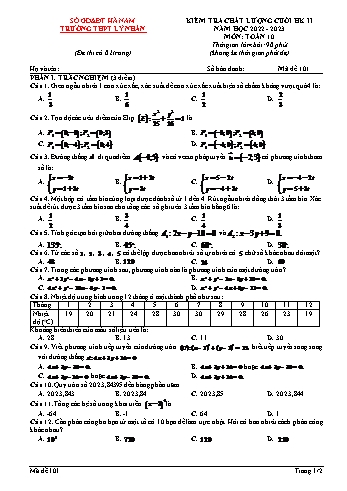 Kiểm tra chất lượng cuối học kì 2 Toán Lớp 10 - Mã đề 101 - Năm học 2022-2023 - Trường THPT Lý Nhân (Có đáp án)