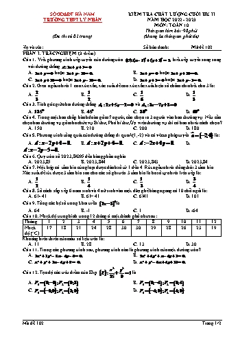 Kiểm tra chất lượng cuối học kì 2 Toán Lớp 10 - Mã đề 102 - Năm học 2022-2023 - Trường THPT Lý Nhân (Có đáp án)