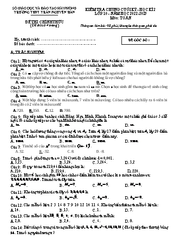 Kiểm tra chung cuối học kì 2 Toán Lớp 10 - Đề số 1 - Năm học 2022-2023 - Trường THPT Trần Nguyên Hãn
