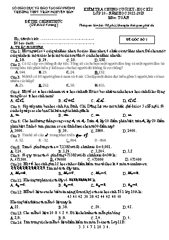 Kiểm tra chung cuối học kì 2 Toán Lớp 10 - Đề số 2 - Năm học 2022-2023 - Trường THPT Trần Nguyên Hãn