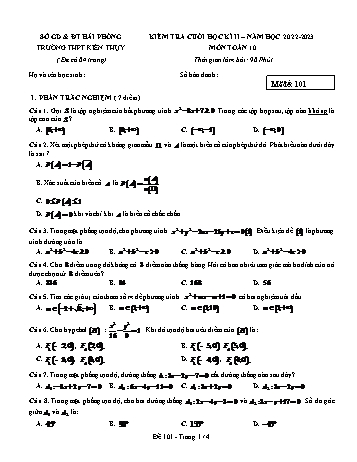 Kiểm tra cuối học kì 2 Toán Lớp 10 - Mã đề 101 - Năm học 2022-2023 - Trường THPT Kiến Thụy (Có đáp án)