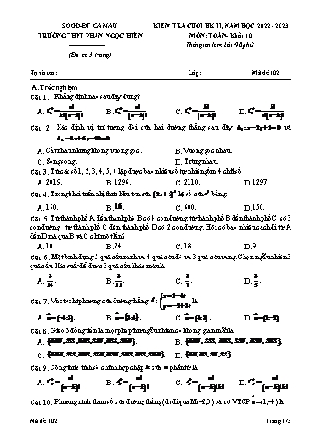 Kiểm tra cuối học kì 2 Toán Lớp 10 - Mã đề 102 - Năm học 2022-2023 - Trường THPT Phan Ngọc Hiển (Có đáp án)