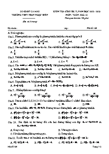 Kiểm tra cuối học kì 2 Toán Lớp 10 - Mã đề 104 - Năm học 2022-2023 - Trường THPT Phan Ngọc Hiển (Có đáp án)