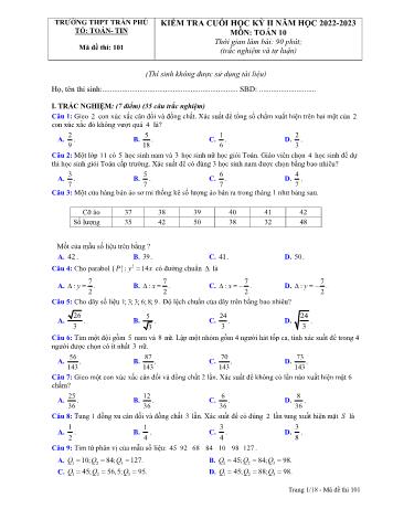Kiểm tra cuối học kì 2 Toán Lớp 10 - Năm học 2022-2023 - Trường THPT Trần Phú (Có đáp án)