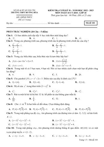 Kiểm tra cuối kì 2 Toán Lớp 10 - Năm học 2022-2023 - Trường THPT Hướng Hóa (Có đáp án)