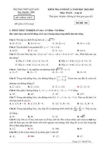 Kiểm tra cuối kì 2 Toán Lớp 10 - Năm học 2022-2023 - Trường THPT Quế Sơn (Có hướng dẫn chấm)