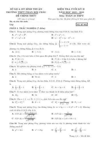 Kiểm tra cuối kì 2 Toán Lớp 10 - Năm học 2022-2023 - Trường THPT Phan Bội Châu (Có đáp án)