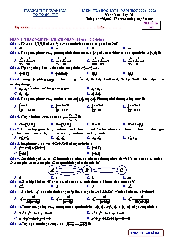 Kiểm tra học kì 2 Toán Lớp 10 - Mã đề 165 - Năm học 2022-2023 - Trường THPT Xuân Hòa (Có đáp án)