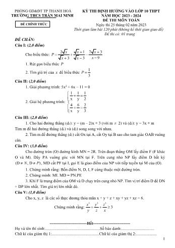Kỳ thi định hướng vào Lớp 10 THPT môn Toán - Năm học 2023-2024 - Trường THCS Trần Mai Ninh (Có hướng dẫn chấm)