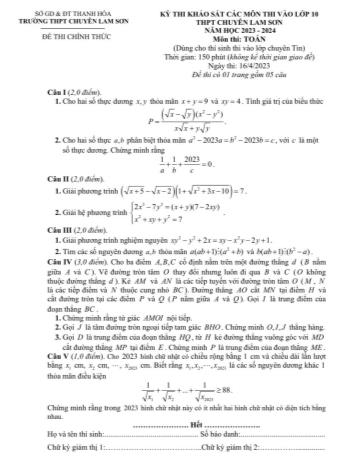 Kỳ thi khảo sát thi vào Lớp 10 (Chuyên Tin) - Năm học 2023-2024 - Trường THPT chuyên Lam Sơn (Có đáp án)