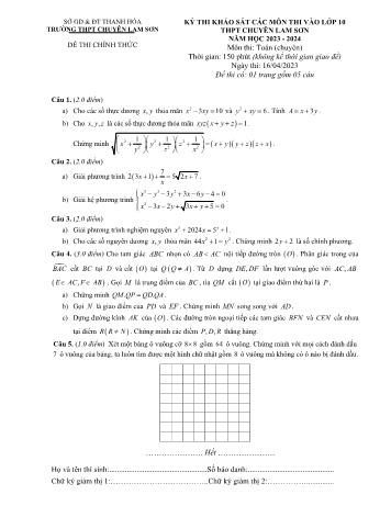 Kỳ thi khảo sát thi vào Lớp 10 (Chuyên Toán) - Năm học 2023-2024 - Trường THPT chuyên Lam Sơn (Có đáp án)