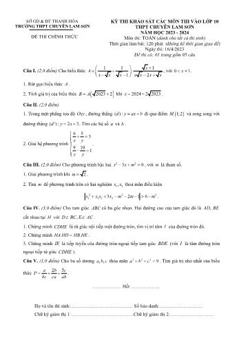 Kỳ thi khảo sát thi vào Lớp 10 - Năm học 2023-2024 - Trường THPT chuyên Lam Sơn (Có đáp án)