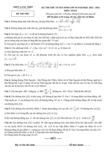 Kỳ thi thử tuyển sinh Lớp 10 môn Toán - Năm học 2023-2024 - Trường THPT Gang Thép (Có hướng dẫn chấm)