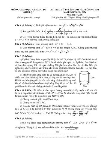 Kỳ thi thử tuyển sinh vào Lớp 10 THPT môn Toán - Năm học 2023-2024 - Phòng GD&ĐT Nghi Lộc (Có hướng dẫn chấm)