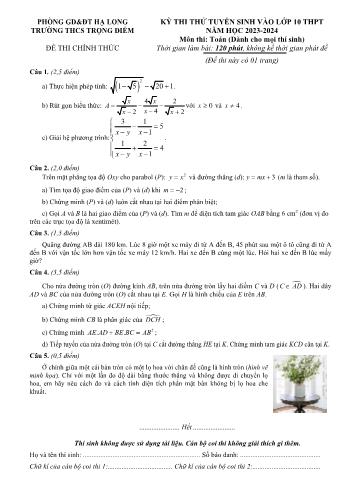 Kỳ thi thử tuyển sinh vào Lớp 10 THPT môn Toán - Năm học 2023-2024 - Trường THCS Trọng Điểm (Có hướng dẫn chấm)