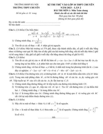 Kỳ thi thử vào Lớp 10 THPT chuyên môn Toán (Lần 2) - Năm học 2023-2024 - Trường Đại học Sư phạm Hà Nội (Có đáp án và thang điểm)